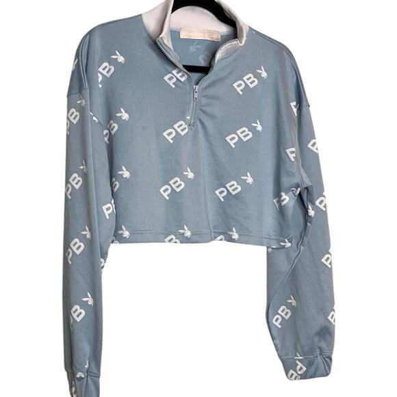Playboy x Missguided Light Blue Logo Print Crop Jacket Medium - Picture 1 of 5